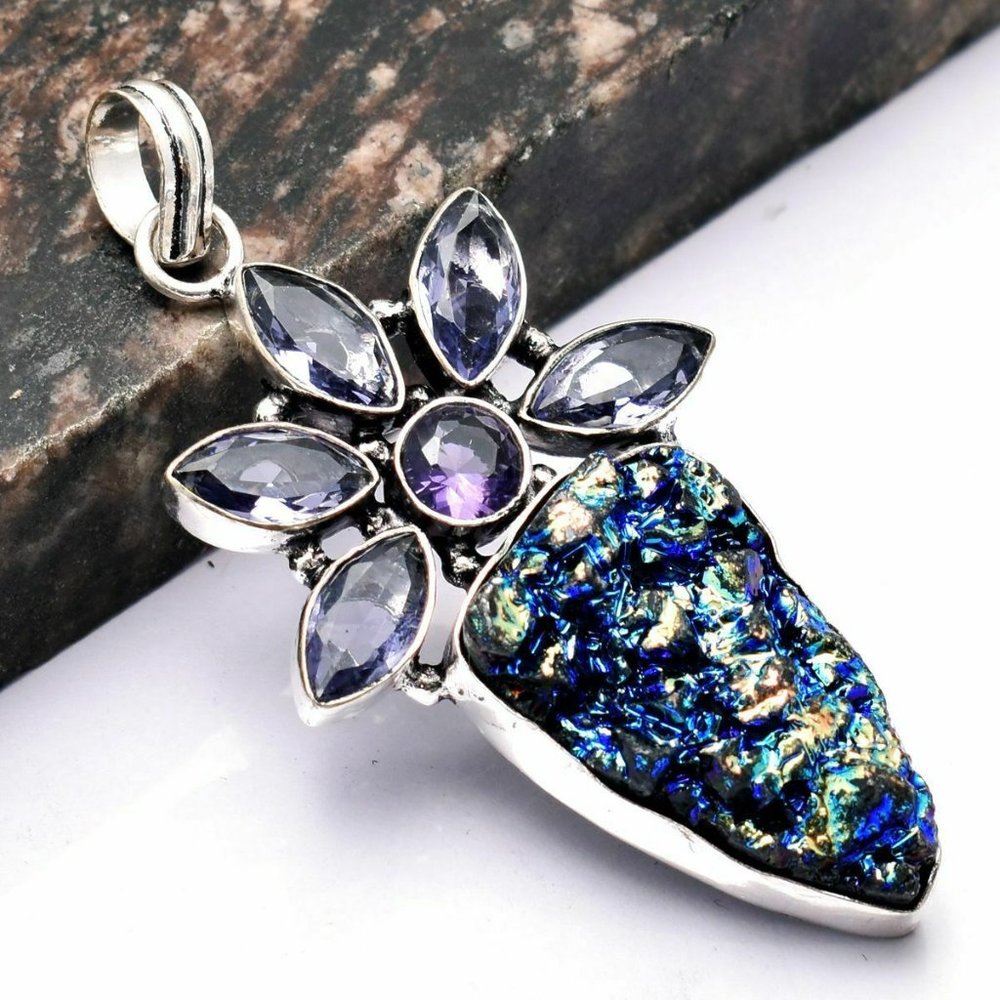 Titanium Druzy- Amethyst Gemstone 925 Stamped Sterling Silver Plated Necklace